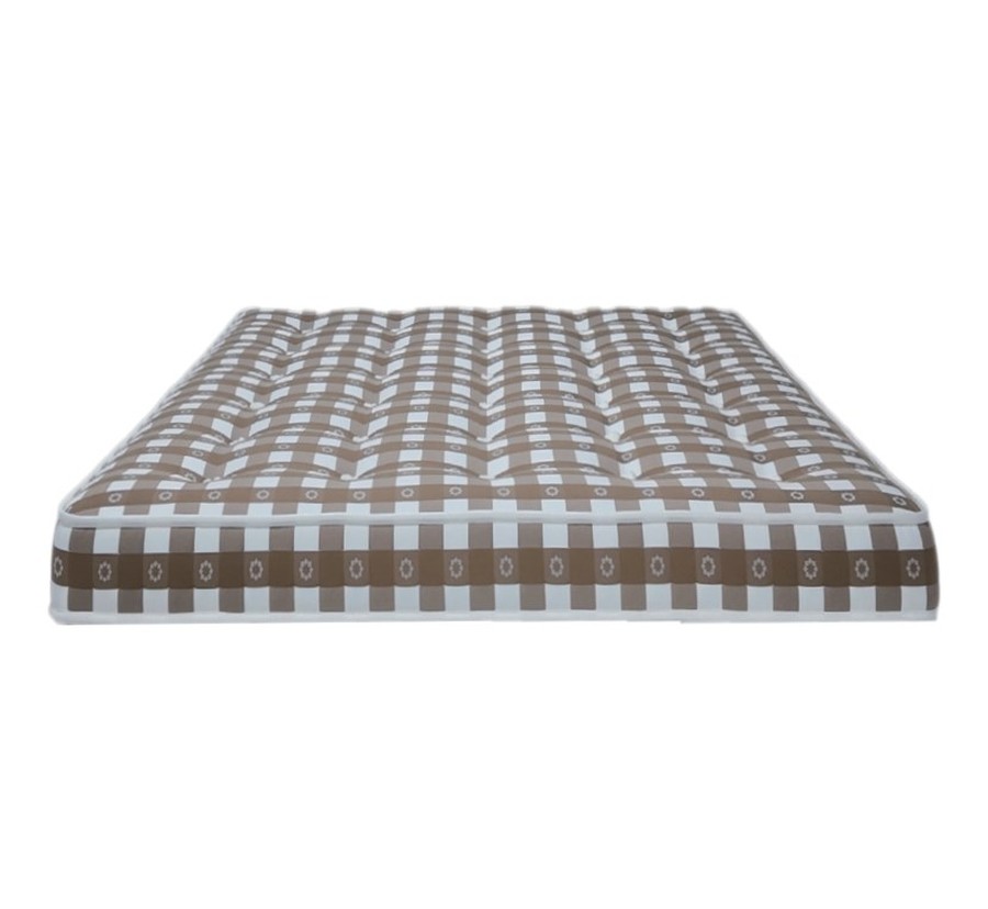 Tatami low-profile handcrafted mattress in coffee-check fabric