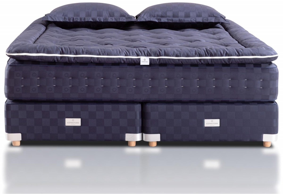 Sky Realm topper-system handcrafted mattress in blue-black check with divan base
