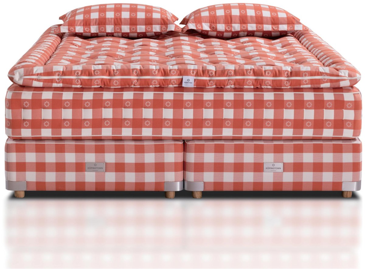 KÖPINGTOWN handcrafted topper-system mattress in the signature coral-red gingham check