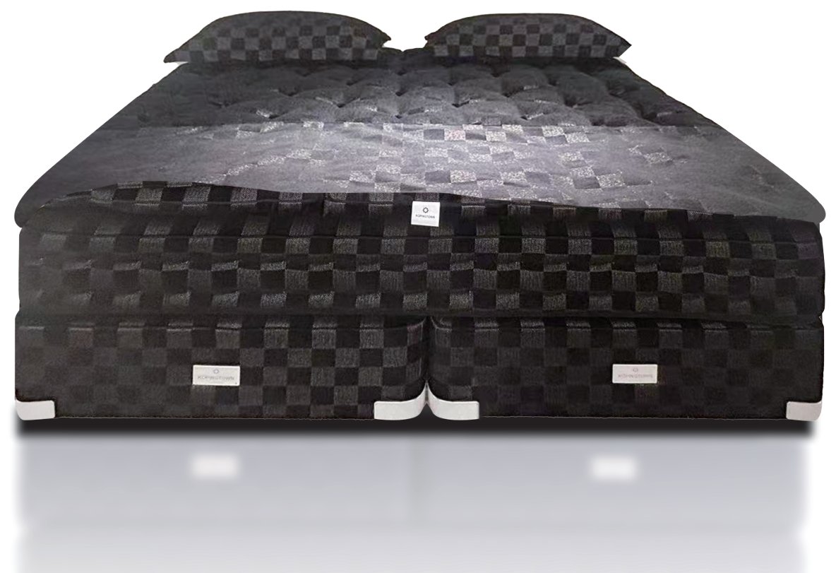 Golden Velvet A two-tier handcrafted mattress in black-gold chenille with divan base